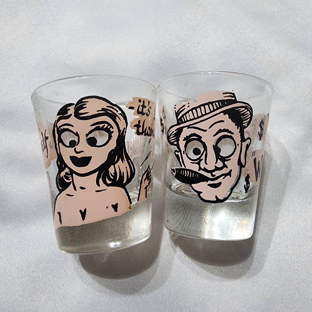 Vintage Federal Glass Shot Glasses Set of 2 Mid Century Comic Humorous Barware